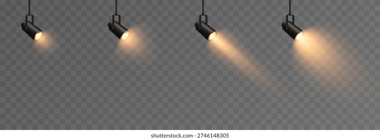 Set of realistic spotlights with yellow light PNG. Light source, stage lighting.