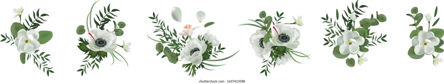 Set of realistic spring floral compositions isolated on white background (magnolia, anemone, green branches)