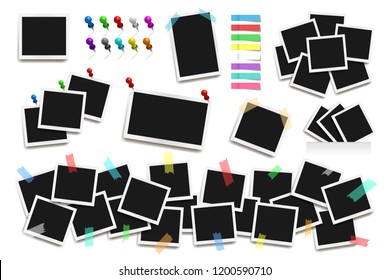 Set of realistic square frames, pins and paper stickers isolated on white. Vector illustration