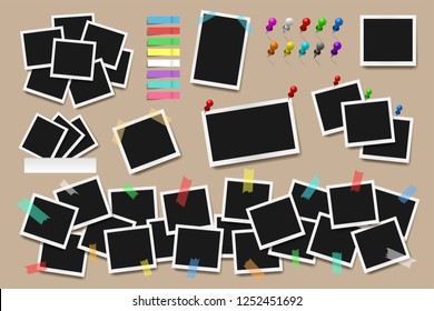 Set of realistic square frames, pins and paper stickers on beige background. Vector illustration