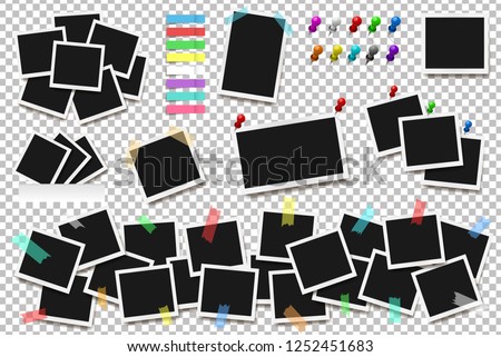 Set of realistic square frames, pins and paper stickers isolated on transparent background. Vector illustration