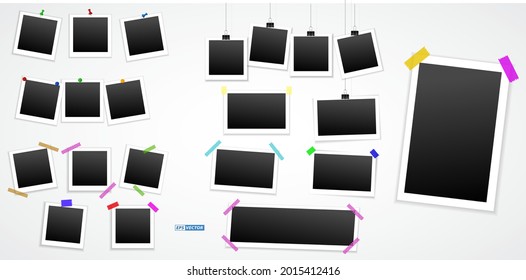 set of realistic square photo frames isolated or various photo frame on sticky tape pin and rivets or photo frame template hanging on a clip. eps vector
