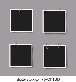 Set of realistic square photo frames with shadows. Isolated on grey background,empty photography template. Mock up vector illustration