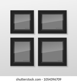 Set of Realistic Square and Rectangular Black Blank Picture Frame A3, A4 sizes, hanging on a White Wall from the Front. Vector illustration Empty Frame with Shiny Glass. Design Template for Mock Up.