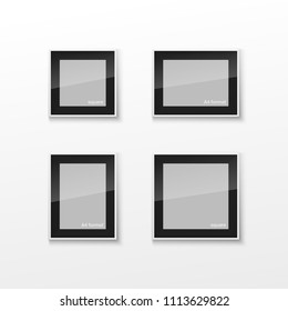 Set of Realistic Square and Rectangular Black and White Blank Picture Frame A3 A4 sizes, hanging on a White Wall from the Front. Vector illustration Empty Frame with Glass. Design Template for Mock Up