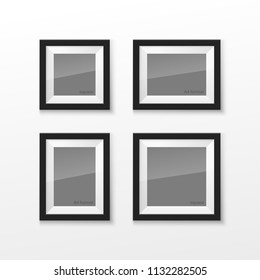 Set of Realistic Square and Rectangular Black and White Blank Picture Frame A3 A4 sizes, hanging on a White Wall from the Front. Vector illustration Empty Frame with Glass. Design Template for Mock Up