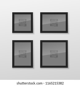 Set of Realistic Square and Rectangular Black Blank Picture Frame A3, A4 sizes, hanging on a White Wall from the Front. Vector illustration Empty Frame with Shiny Glass. Design Template for Mock Up.