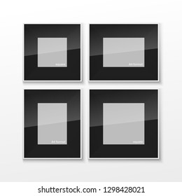 Set of Realistic Square and Rectangular Black and White Blank Picture Frame A3 A4 sizes, hanging on a White Wall from the Front. Vector illustration Empty Frame with Glass. Design Template for Mock Up