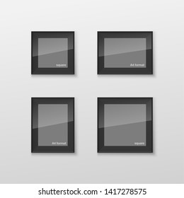 Set of Realistic Square and Rectangular Black Blank Picture Frame A3, A4 sizes, hanging on a White Wall from the Front. Vector illustration Empty Frame with Shiny Glass. Design Template for Mock Up.