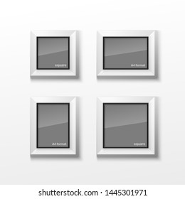 Set of Realistic Square and Rectangular Black and White Blank Picture Frame A3 A4 sizes, hanging on a White Wall from the Front. Vector illustration Empty Frame with Glass. Design Template for Mock Up