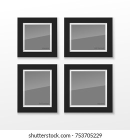 Set of Realistic Square and Rectangular Black and White Blank Picture Frame A3 A4 sizes, hanging on a White Wall from the Front. Vector illustration Empty Frame with Glass. Design Template for Mock Up