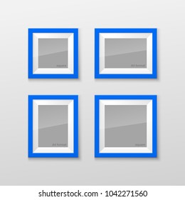 Set Realistic Square and Rectangular Blue Color Blank Picture Frame A3, A4 sizes, hanging on a White Wall from the Front. Vector illustration Empty Frame with Shiny Glass. Design Template for Mock Up
