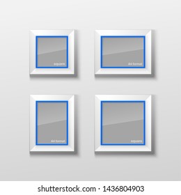 Set Realistic Square and Rectangular Blue Color Blank Picture Frame A3, A4 sizes, hanging on a White Wall from the Front. Vector illustration Empty Frame with Shiny Glass. Design Template for Mock Up