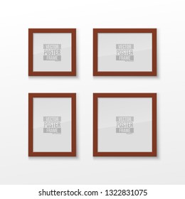 Set Realistic Square and Rectangular Brown Color Blank Picture Frame A3, A4 sizes, hanging on a White Wall from the Front. Vector illustration Empty Frame with Shiny Glass. Design Template for Mock Up