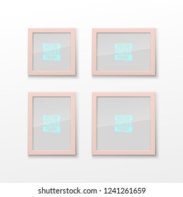 Set Realistic Square and Rectangular Coral Color Blank Picture Frame A3, A4 sizes, hanging on a White Wall from the Front. Vector illustration Empty Frame with Shiny Glass. Design Template for Mock Up
