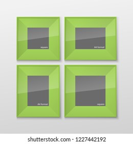 Set Realistic Square and Rectangular Green Color Blank Picture Frame A3, A4 sizes, hanging on a White Wall from the Front. Vector illustration Empty Frame with Shiny Glass. Design Template for Mock Up