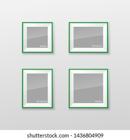 Set Realistic Square and Rectangular Green Color Blank Picture Frame A3, A4 sizes, hanging on a White Wall from the Front. Vector illustration Empty Frame with Shiny Glass. Design Template for Mock Up