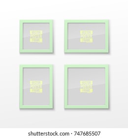 Set Realistic Square and Rectangular Green Color Blank Picture Frame A3, A4 sizes, hanging on a White Wall from the Front. Vector illustration Empty Frame with Shiny Glass. Design Template for Mock Up