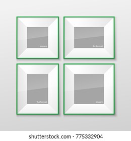 Set Realistic Square and Rectangular Green Color Blank Picture Frame A3, A4 sizes, hanging on a White Wall from the Front. Vector illustration Empty Frame with Shiny Glass. Design Template for Mock Up