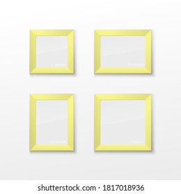 Set of Realistic Square and Rectangular Light Yellow Color Blank Picture Frame A3, A4 sizes, hanging on a White Wall from the Front. Vector illustration Empty Frame with Shiny Glass. Design for Mock U