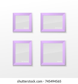 Set Realistic Square and Rectangular Light Purple Color Blank Picture Frame A3 A4 sizes, hanging on a White Wall from the Front. Vector illustration Empty Frame with Glass. Design Template for Mock Up