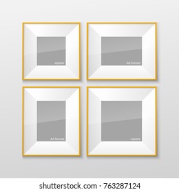 Set of Realistic Square and Rectangular Light Yellow Color Blank Picture Frame A3, A4 sizes, hanging on a White Wall from the Front. Vector illustration Empty Frame with Shiny Glass. Design Template