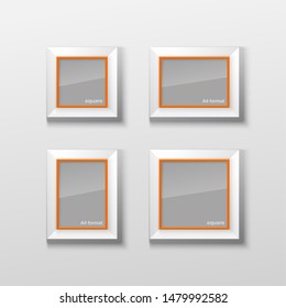 Set Realistic Square and Rectangular Orange Color Blank Picture Frame A3 A4 sizes, hanging on a White Wall from the Front. Vector illustration Empty Frame with Shiny Glass. Design Template for Mock Up