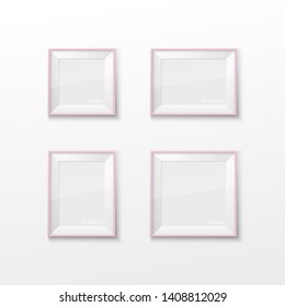 Set Realistic Square and Rectangular Pink Color Blank Picture Frame A3, A4 sizes, hanging on a White Wall from the Front. Vector illustration Empty Frame with Shiny Glass. Design Template for Mock Up