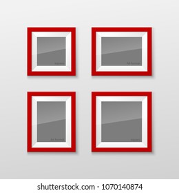 Set Realistic Square and Rectangular Red Color Blank Picture Frame A3, A4 sizes, hanging on a White Wall from the Front. Vector illustration Empty Frame with Shiny Glass. Design Template for Mock Up