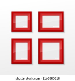 Set Realistic Square and Rectangular Red Color Blank Picture Frame A3, A4 sizes, hanging on a White Wall from the Front. Vector illustration Empty Frame with Shiny Glass. Design Template for Mock Up