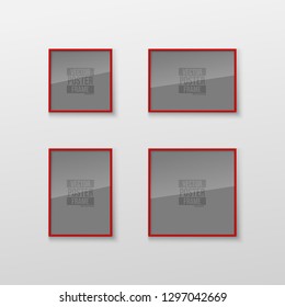 Set Realistic Square and Rectangular Red Color Blank Picture Frame A3, A4 sizes, hanging on a White Wall from the Front. Vector illustration Empty Frame with Shiny Glass. Design Template for Mock Up