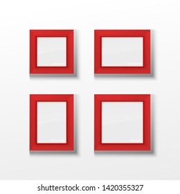 Set Realistic Square and Rectangular Red Color Blank Picture Frame A3, A4 sizes, hanging on a White Wall from the Front. Vector illustration Empty Frame with Shiny Glass. Design Template for Mock Up