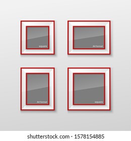 Set Realistic Square and Rectangular Red Color Blank Picture Frame A3, A4 sizes, hanging on a White Wall from the Front. Vector illustration Empty Frame with Shiny Glass. Design Template for Mock Up