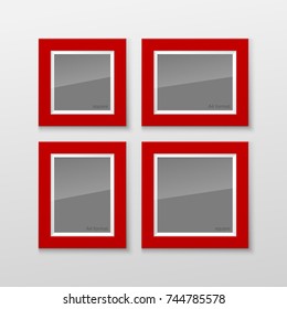 Set Realistic Square and Rectangular Red Color Blank Picture Frame A3, A4 sizes, hanging on a White Wall from the Front. Vector illustration Empty Frame with Shiny Glass. Design Template for Mock Up