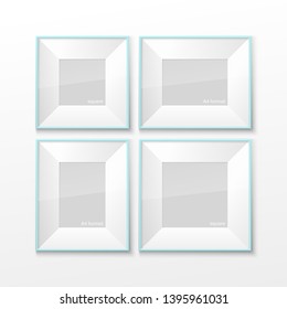 Set of Realistic Square and Rectangular Sky-blue Color Blank Picture Frame A3, A4 sizes, hanging on a White Wall from the Front. Vector illustration Empty Frame with Glass. Design Template for Mock Up