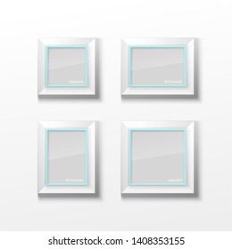 Set of Realistic Square and Rectangular Sky-blue Color Blank Picture Frame A3, A4 sizes, hanging on a White Wall from the Front. Vector illustration Empty Frame with Glass. Design Template for Mock Up