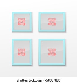 Set of Realistic Square and Rectangular Sky-blue Color Blank Picture Frame A3, A4 sizes, hanging on a White Wall from the Front. Vector illustration Empty Frame with Glass. Design Template for Mock Up