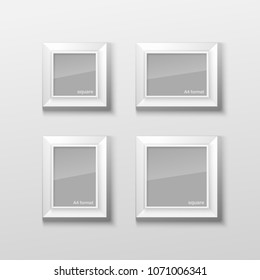 Set of Realistic Square and Rectangular White Blank Picture Frame A3, A4 sizes, hanging on a White Wall from the Front. Vector illustration Empty Frame with Shiny Glass. Design Template for Mock Up.