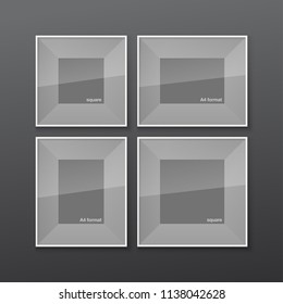 Set of Realistic Square and Rectangular White Blank Picture Frame A3, A4 sizes, hanging on a White Wall from the Front. Vector illustration Empty Frame with Shiny Glass. Design Template for Mock Up.