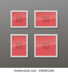 Set of Realistic Square and Rectangular White Blank Picture Frame A3, A4 sizes, hanging on a White Wall from the Front. Vector illustration Empty Frame with Shiny Glass. Design Template for Mock Up.