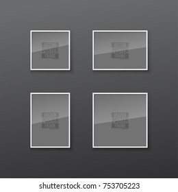 Set of Realistic Square and Rectangular White Blank Picture Frame A3, A4 sizes, hanging on a White Wall from the Front. Vector illustration Empty Frame with Shiny Glass. Design Template for Mock Up.