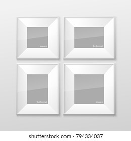 Set of Realistic Square and Rectangular White Blank Picture Frame A3, A4 sizes, hanging on a White Wall from the Front. Vector illustration Empty Frame with Shiny Glass. Design Template for Mock Up.