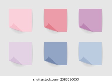 Set of realistic square sticky note with shadow. Pink, violet, blue stickers paper for your message and reminder. Vector illustration isolated on white background