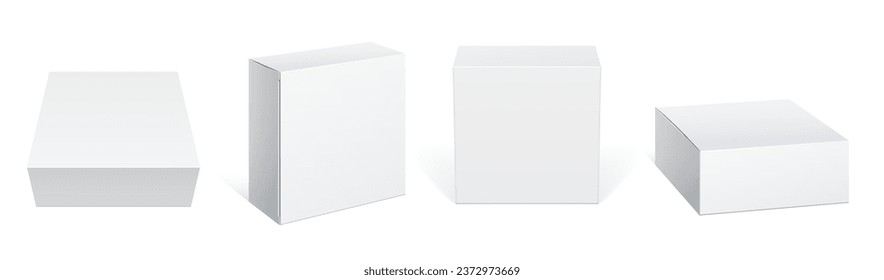 Set of Realistic square White color Package Box in different angles. Pack box for Smartphone, electronic device and other products. Mockup Vector illustration.