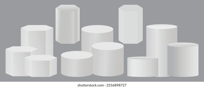 Set of realistic stage podium or pedestals for winner award announcement and celebrating. White empty stages podium scene, blank product presentation stands.