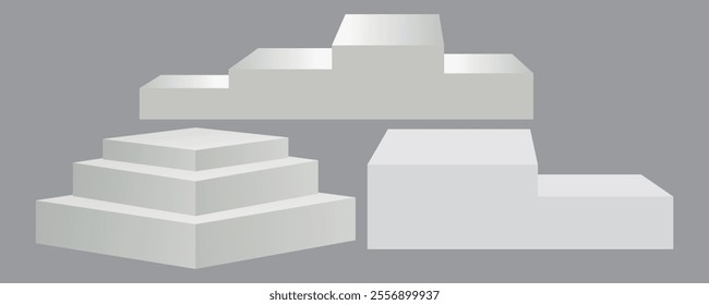 Set of realistic stage podium or pedestals for winner award announcement and celebrating. White empty stages podium scene, blank product presentation stands.