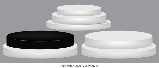 Set of realistic stage podium or pedestals for winner award announcement and celebrating. White empty stages podium scene, blank product presentation stands.