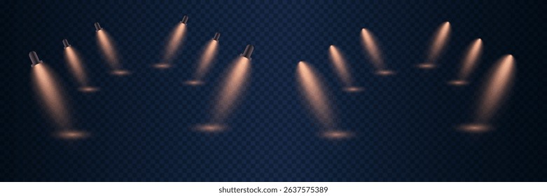 A set of realistic stage spotlights with glowing beams, for a concert or theatre stage.