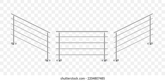 Conjunto de barandillas de acero inoxidable realistas. Balaustradas de metal. Secciones de cercas con bastones de acero. Ilustración vectorial 3D aislada en fondo transparente. 