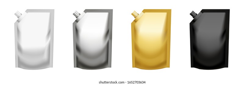 Set of realistic stand up pouch doypacks with side spout isolated on white background. Vector pack of golden, silver, white, black mockups for product design and branding. Blank foil or plastic pack